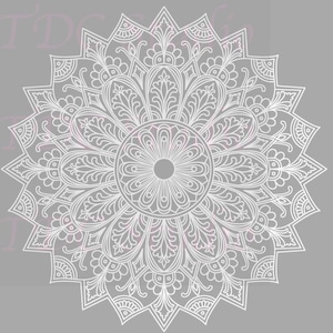 May include: A detailed white mandala design on a gray background. The symmetrical pattern features floral and geometric elements, radiating outwards from a central circle. The design is intricate and delicate, with fine lines and curves.