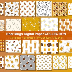 May include: A collection of digital papers featuring various patterns of beer mugs, beer bottles, and barrels. The papers are in shades of yellow, brown, and white. The text "Beer Mugs Digital Paper COLLECTION" is displayed.