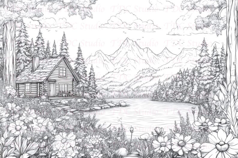 Op de afbeelding: Een zwart-witte lijntekening van een hut in het bos met een meer en bergen op de achtergrond. De hut heeft een houten buitenkant en een zadeldak. Er zijn bomen rond de hut en het meer.
