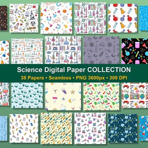 Può includere: Una collezione di 38 carte digitali senza cuciture con motivi a tema scientifico. Le carte presentano illustrazioni colorate di attrezzature da laboratorio, molecole e simboli scientifici su vari sfondi. Il testo "Science Digital Paper Collection" è visualizzato.