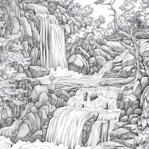 May include: A black and white line drawing of a waterfall cascading over rocks and through a lush forest. The drawing features detailed foliage and a sense of depth.
