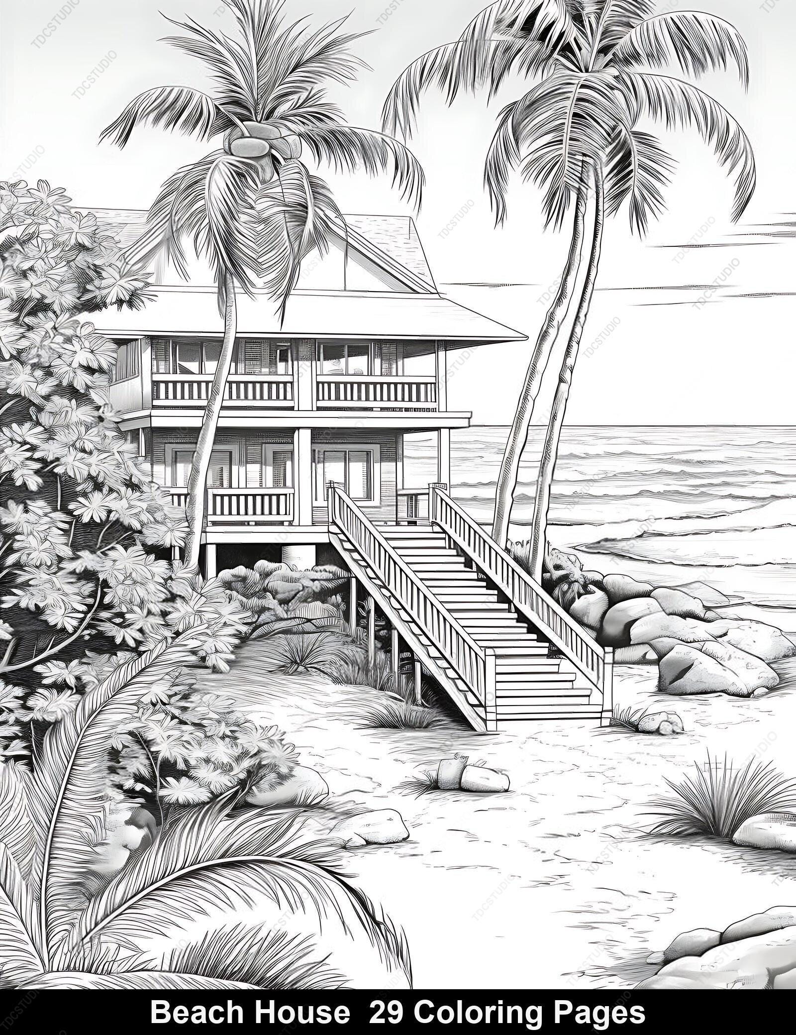 29 Beach House Coloring Pages, Tropical Coastal Scenes Palm Trees ...