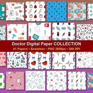 以下が含まれることがあります： 医療をテーマにしたパターンを持つデジタルペーパーのコレクション。デザインには、聴診器、ピル、注射器、その他の医療シンボルが含まれています。テキストは「Doctor Digital Paper COLLECTION」と表示されています。