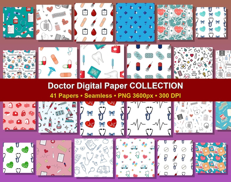 41 Doctor Digital Paper Bundle Nurse Medical Seamless Patterns ...