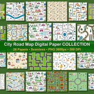 Puede incluir: Una colección de 26 papeles digitales sin costuras que muestran mapas de carreteras urbanas con diversas casas, coches, árboles y calles sinuosas. Los gráficos incluyen ilustraciones coloridas de diseños urbanos y paisajes variados.