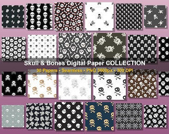 30 Skull and Bones Digital Paper Bundle Seamless Gothic Skeleton Patterns, Halloween Crafting Backgrounds Edgy Rocker Commercial Use 300 DPI