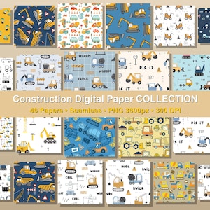 Op de afbeelding: Een verzameling van 48 naadloze digitale papieren met patronen van bouwmachines, zoals graafmachines en vrachtwagens. De ontwerpen zijn in verschillende kleuren, met de tekst "Construction Digital Paper COLLECTION".