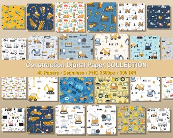 46 Construction Digital Paper Bundle Seamless Patterns Boys Dump Truck & Excavator Construction Party Scrapbooking Commercial Use PNG 300DPI