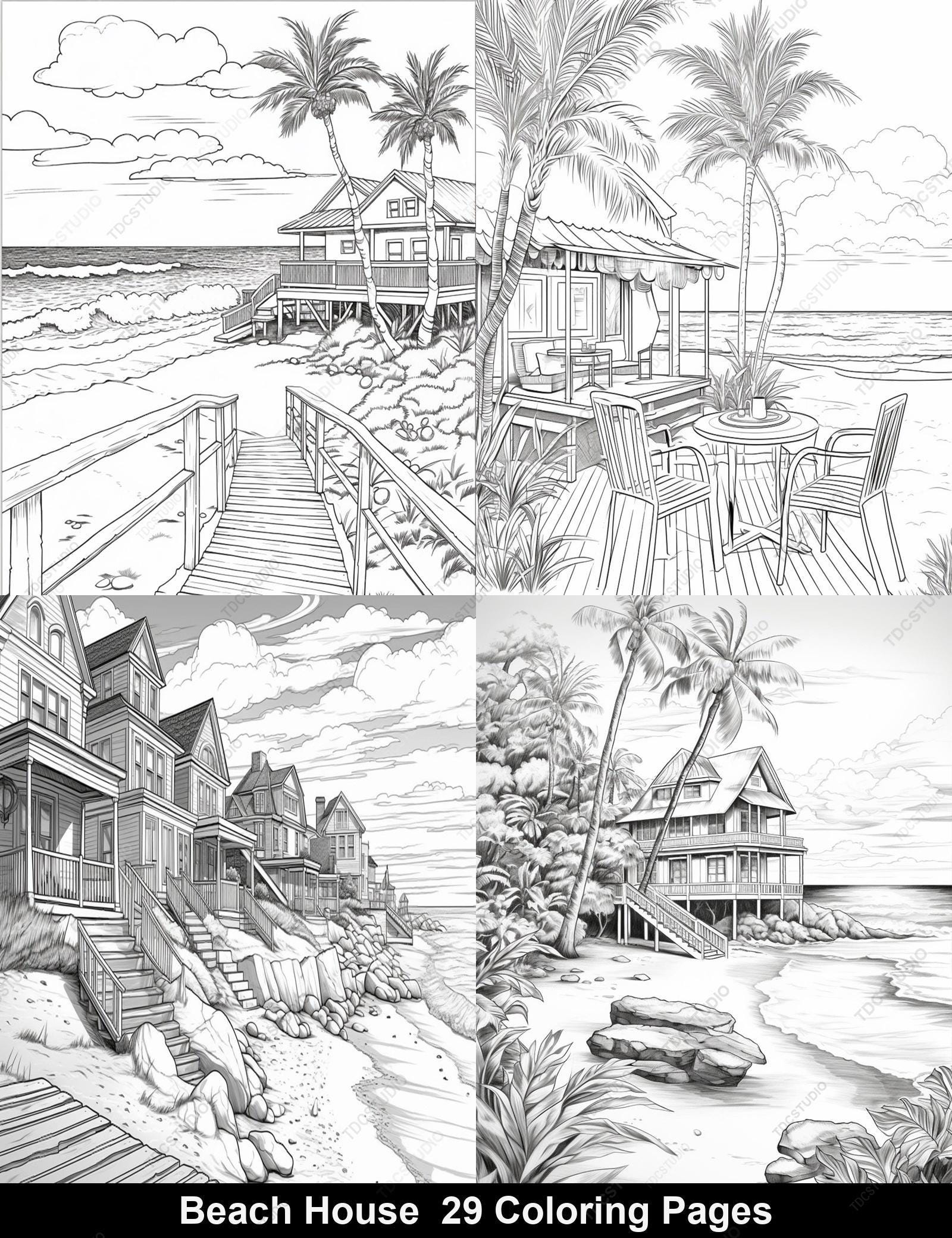 29 Beach House Coloring Pages, Tropical Coastal Scenes Palm Trees ...