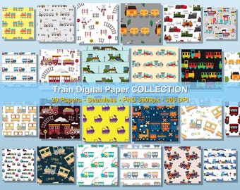29 Train Digital Paper Bundle Seamless Steam Engine Patterns Toddler Boy Birthday Party Backgrounds Railroad Scrapbooking Commercial Use PNG