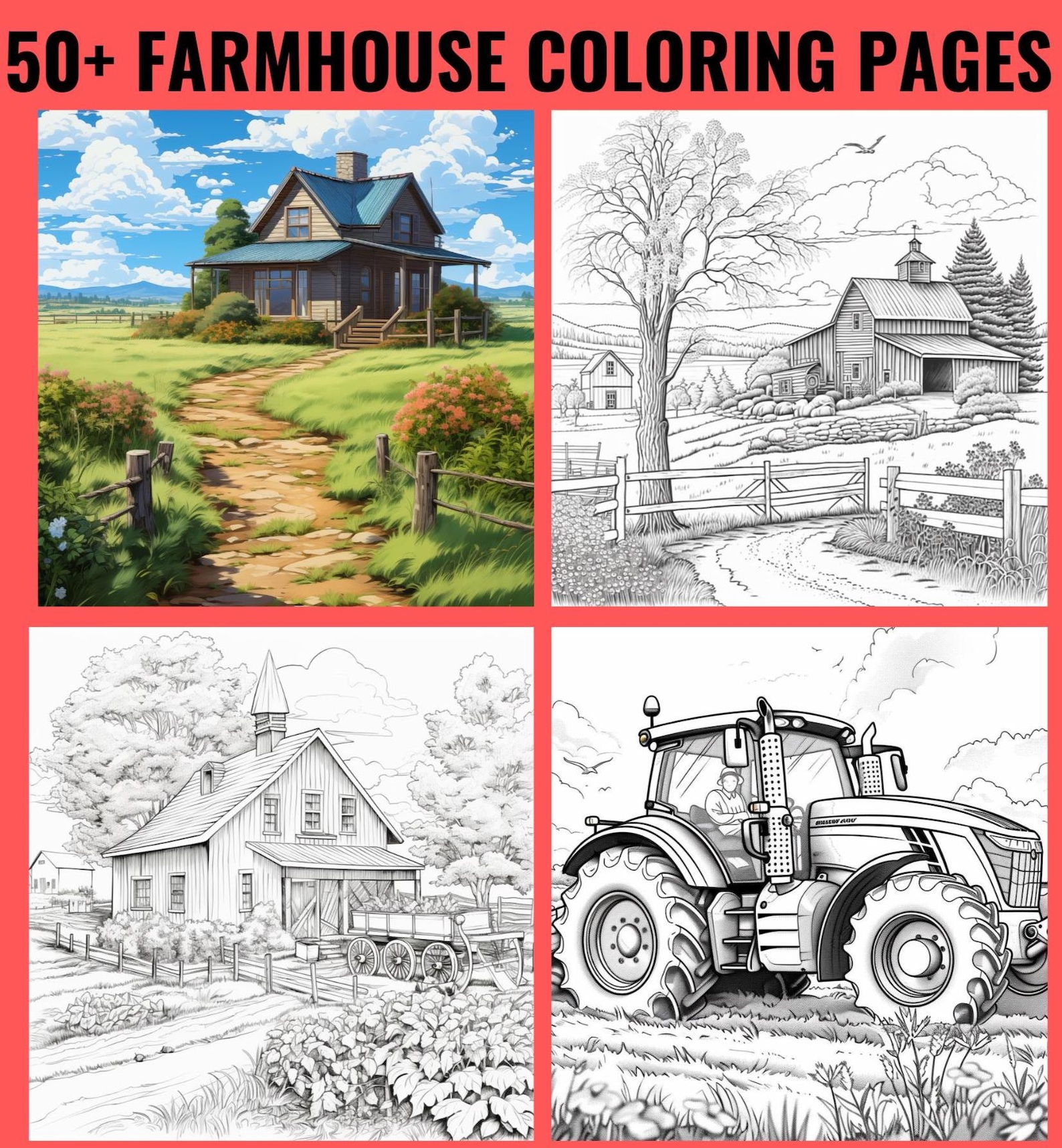 56 Farmhouse Coloring Pages | Rustic Barn & Tractor Scenes | A4 ...