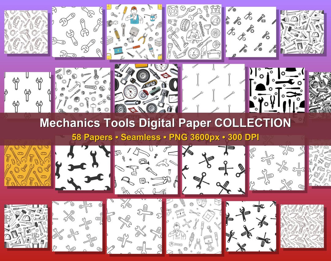 Mechanics Tools Digital Paper Bundle, 58 Seamless Garage Patterns ...