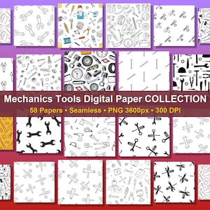 Puede incluir: Colección de papeles digitales con patrones de herramientas de mecánico. Los diseños presentan llaves inglesas, destornilladores y otras herramientas en blanco y negro, con algunos toques de color. El texto dice "Mechanics Tools Digital Paper Collection".