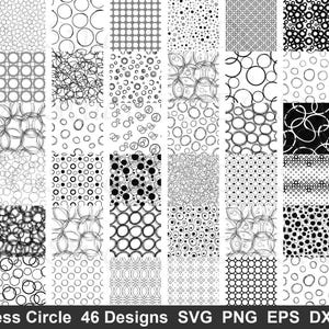 Pode incluir: Uma coleção de 46 padrões digitais sem costura apresentando vários designs de círculos em preto e branco, incluindo esboços feitos à mão, grades geométricas e bolinhas. O texto na parte inferior diz: Seamless Circle 46 Designs SVG PNG EPS DXF PDF.