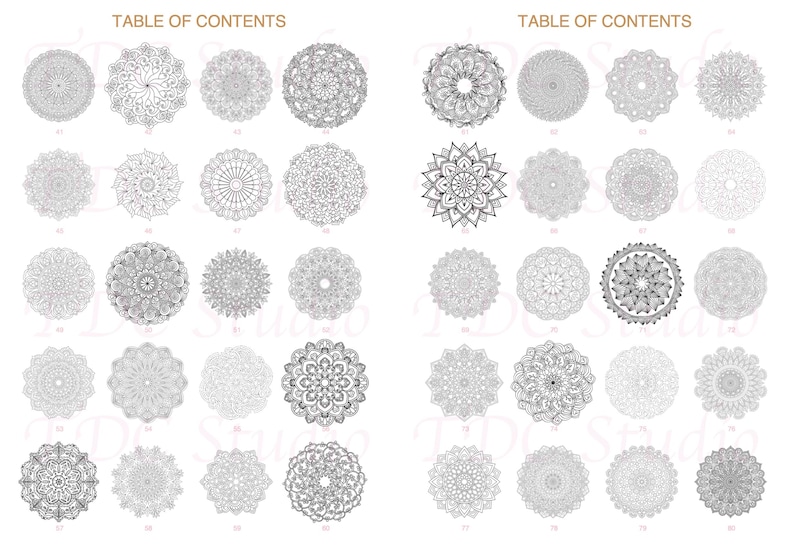 Mandala Coloring Book - Table of Contents (41 to 80) | Each thumbnail is clickable