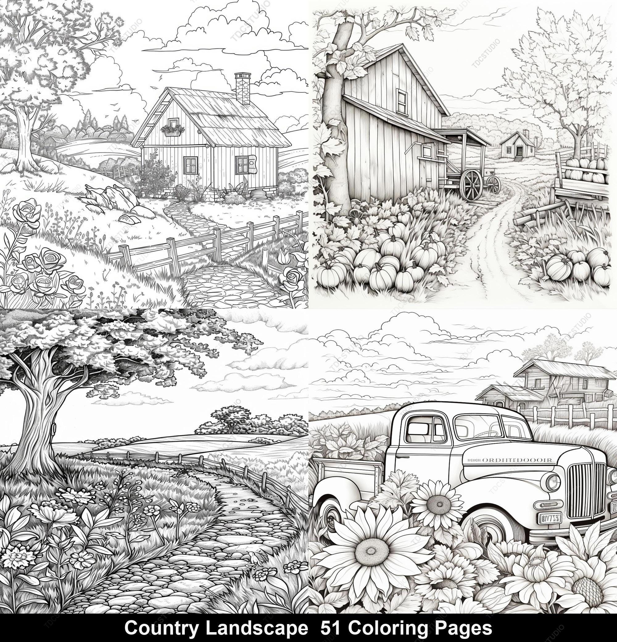 51 Country Landscape Coloring Pages Country Scenes | A4 PDF & JPG ...