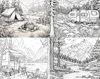 May include: Black and white line art illustrations of camping scenes. The images include tents, campfires, trailers, and mountain landscapes. The text "Camping 25 Coloring Pages" is at the bottom of the image.