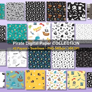 May include: A collection of 42 seamless digital papers with a pirate theme. The papers feature various patterns, including skulls, ships, and treasure, in colors like black, white, blue, and yellow. The text "Pirate Digital Paper COLLECTION" is displayed.