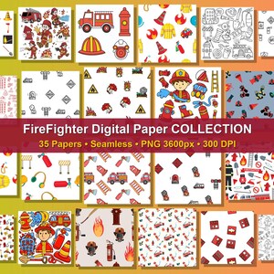 May include: A set of 35 digital papers with a firefighter theme. The papers showcase seamless patterns with illustrations of fire engines, helmets, fire hydrants, and firefighters. The text "FireFighter Digital Paper COLLECTION" is displayed.