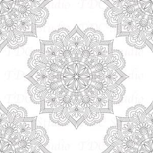 May include: Black and white mandala pattern with intricate floral and geometric designs. The symmetrical artwork features detailed line work, creating a repeating pattern on a white background. This design is suitable for coloring books, fabric, or wall art.