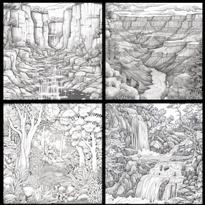 Op de afbeelding: Een zwart-witte illustratie met vier verschillende sc&egrave;nes met watervallen en canyons. De eerste sc&egrave;ne toont een waterval die een canyon afdaalt. De tweede sc&egrave;ne toont een brede canyon met een rivier die erdoorheen stroomt. De derde sc&egrave;ne toont een waterval die door een weelderig bos stroomt. De vierde sc&egrave;ne toont een waterval die een rotsachtige klif afdaalt.