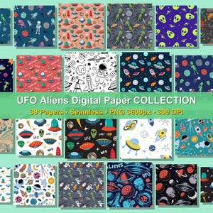 May include: A digital paper collection featuring 39 seamless patterns with space themes including aliens, UFOs, astronauts, rockets, and planets. The designs display various color palettes on dark, light, and patterned backgrounds with text.