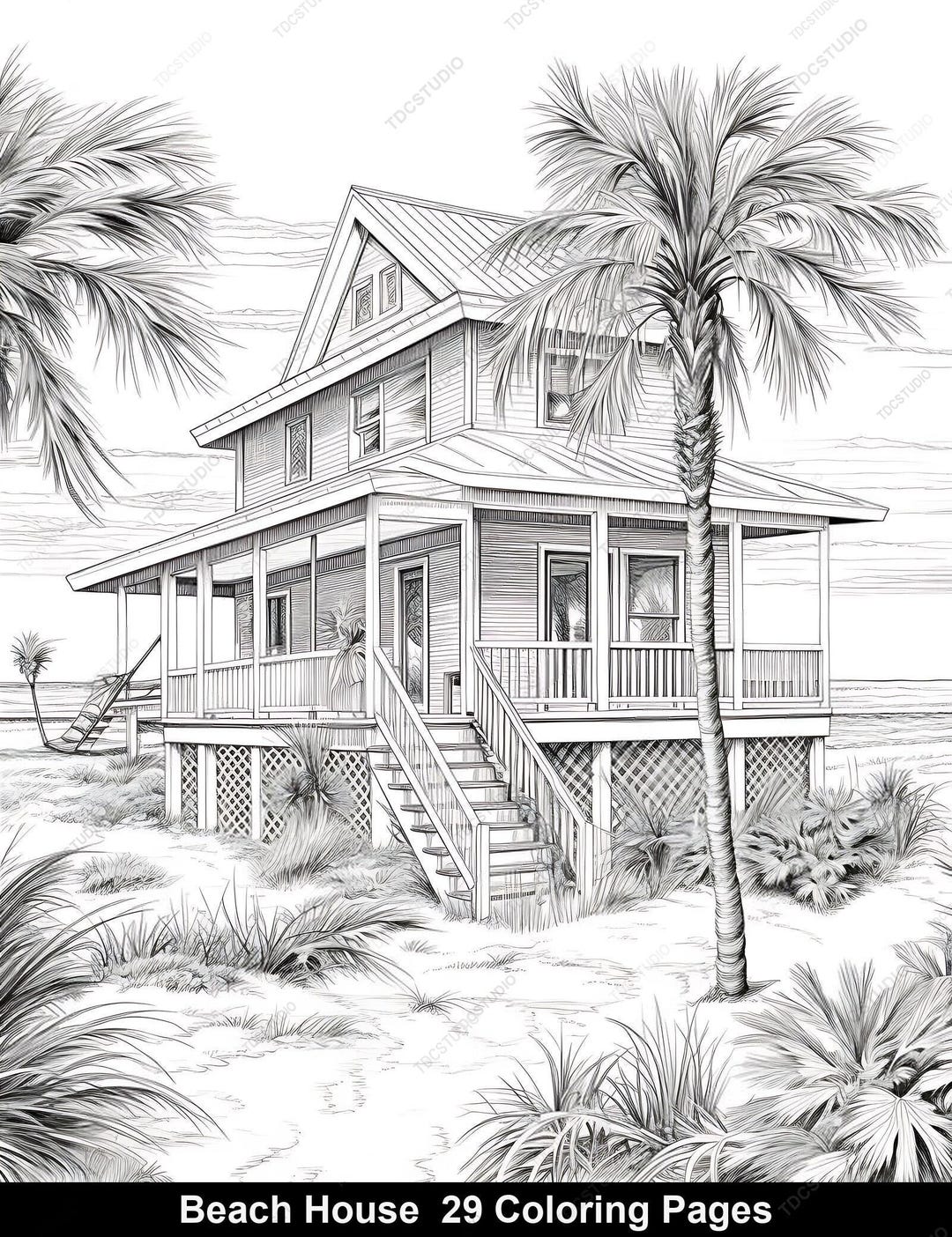 29 Beach House Coloring Pages, Tropical Coastal Scenes Palm Trees ...