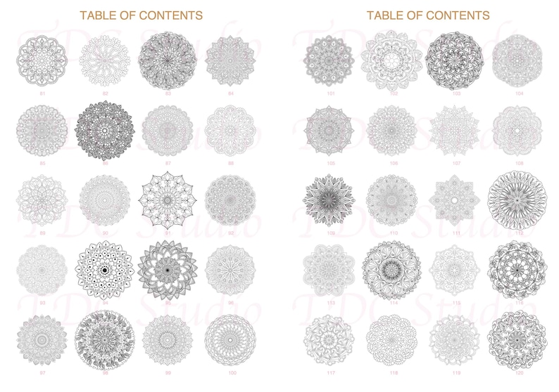 Mandala Coloring Book - Table of Contents (81 to 120) | Each thumbnail is clickable