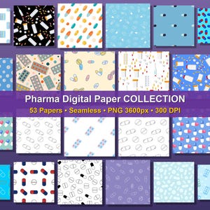 Könnte beinhalten: Eine Sammlung digitaler Papiere mit pharmazeutischen Themen. Die Designs zeigen Pillen, Kapseln und Blisterpackungen in verschiedenen Farben und Mustern. Der Text "Pharma Digital Paper COLLECTION" ist zu sehen.