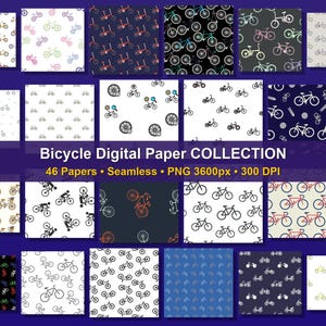 May include: A collection of digital paper patterns featuring bicycle designs. The patterns include various colors and styles of bicycles on different backgrounds. The text "Bicycle Digital Paper COLLECTION" is displayed, along with technical details.
