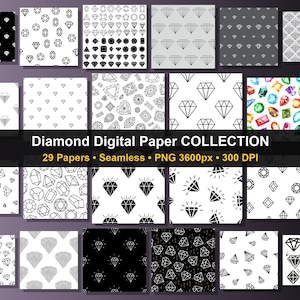May include: A collection of 29 seamless digital papers featuring diamond patterns in various styles. The designs include black and white diamond shapes, geometric patterns, and colorful gemstone illustrations. The text reads "Diamond Digital Paper Collection".