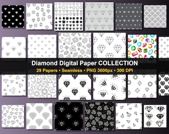 May include: A selection of 29 seamless digital papers showcasing diamond patterns. The designs include black and white diamond shapes, geometric patterns, and colourful gemstone illustrations. The text reads "Diamond Digital Paper Collection".