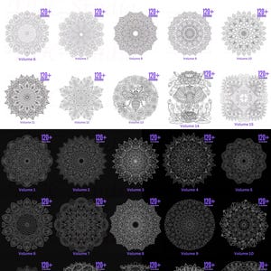 May include: A collection of mandala coloring book designs. The image displays 30 volumes, each with intricate black and white patterns. The text reads "Ultimate Mandala Coloring 3500 Designs 30 Volumes."