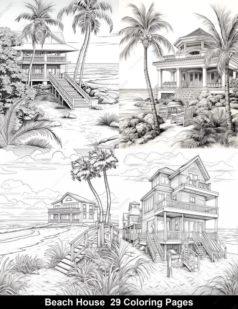 29 Beach House Coloring Pages, Tropical Coastal Scenes Palm Trees ...