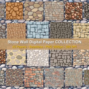 May include: A digital paper collection featuring 43 seamless stone wall patterns in various textures and colors, including brown, gray, and tan. The image displays the text Stone Wall Digital Paper COLLECTION, 43 Papers, Seamless, PNG 3600px, 300 DPI.