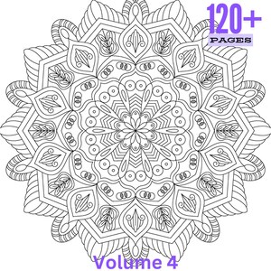 May include: Black and white mandala coloring page with intricate geometric patterns. The image includes the text "120+ PAGES" and "Volume 4" in purple. This detailed design is perfect for stress relief and creative expression.
