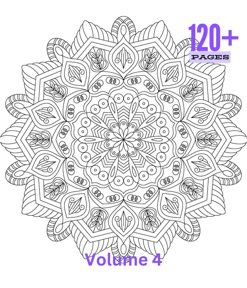 May include: Black and white mandala coloring page with intricate geometric patterns. The image includes the text "120+ PAGES" and "Volume 4" in purple. This detailed design is perfect for stress relief and creative expression.