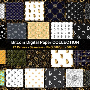 May include: A collection of 27 seamless digital papers featuring Bitcoin symbols, gold chains, and various cryptocurrency patterns in black, white, gold, and blue. The text reads Bitcoin Digital Paper COLLECTION, 27 Papers, Seamless, PNG 3600px, 300 DPI.