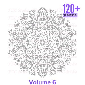 May include: A black and white mandala design with a spiral center, composed of circles and dots. The image includes the text "120+ PAGES" in a purple rectangle and "Volume 6" in purple text at the bottom. The design is on a white background.