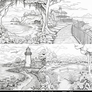 May include: Black and white line art of landscape scenes, including a beach, lighthouse, and houses. The image is from a coloring book with 51 designs available in PDF and JPG formats.