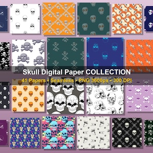 May include: A collection of 41 seamless digital papers featuring various skull patterns. Designs include skulls, crossbones, and skull-and-crossbones motifs in colors like black, white, orange, and blue. The text "Skull Digital Paper COLLECTION" is visible.