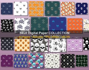 41 Skull & Crossbones Digital Paper Bundle Seamless Skeleton Patterns, Gothic Rocker Backgrounds, Anatomical Skull 300 DPI