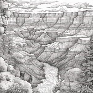 Op de afbeelding: Een zwart-witte potloodtekening van de Grand Canyon, met een kronkelende rivier aan de voet van de canyon en een rotsachtige klif aan de linkerkant van de afbeelding.