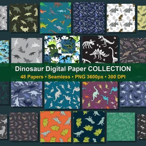 May include: A collection of 48 seamless digital papers featuring various dinosaur illustrations, including skeletons and silhouettes in diverse colors and patterns. The text reads Dinosaur Digital Paper COLLECTION, 48 Papers, Seamless, PNG 3600px, 300 DPI.