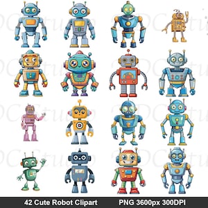 May include: A collection of twenty-four colourful robot illustrations featuring various designs, shapes, and expressions. The robots are rendered in shades of blue, yellow, red, and green, with some in grayscale. Text at the bottom reads 42 Cute Robot Clipart PNG 3600px 300DPI.