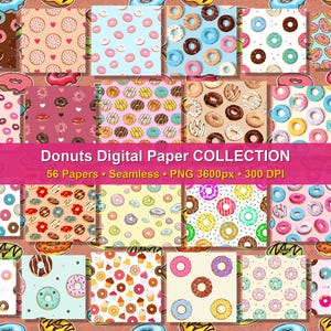 May include: A collection of 20 digital papers featuring various donut patterns. The donuts are in a variety of colors, including pink, brown, blue, and yellow, with sprinkles and frosting. The text "Donuts Digital Paper Collection" is displayed.