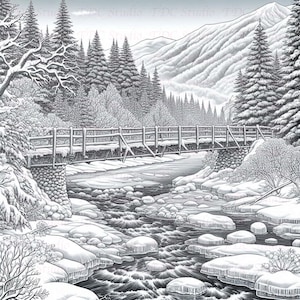 Op de afbeelding: Een zwart-witte illustratie van een houten brug over een met sneeuw bedekte rivier in een winterbos. De rivier stroomt door een vallei met met sneeuw bedekte bergen op de achtergrond.