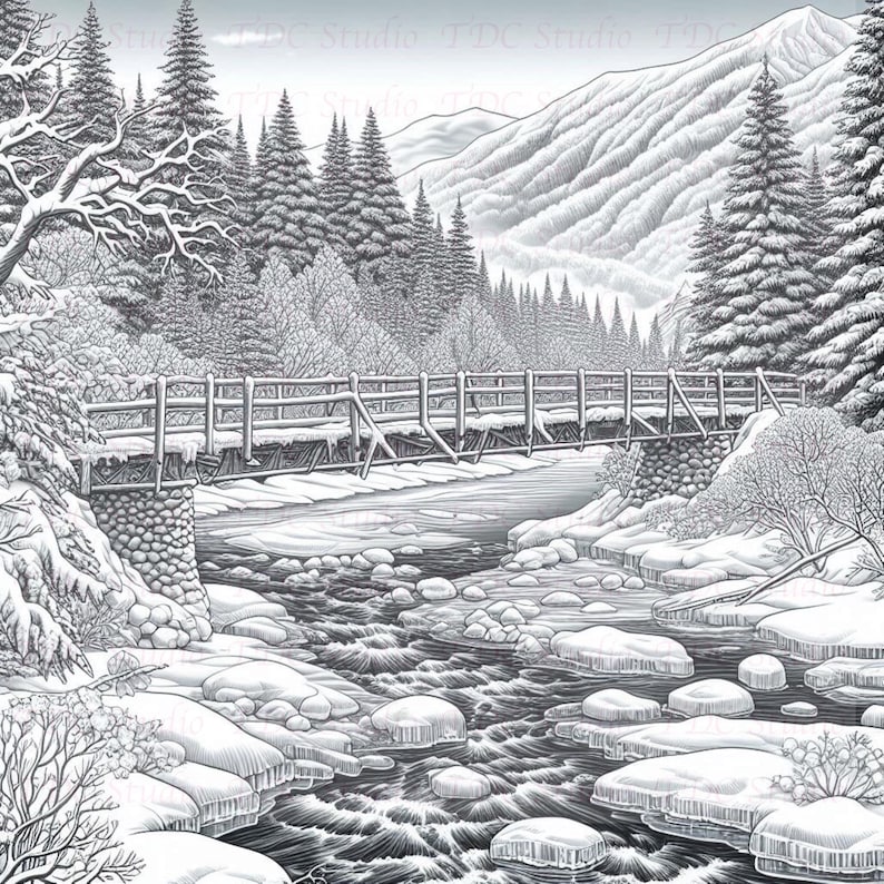 Op de afbeelding: Een zwart-witte illustratie van een houten brug over een met sneeuw bedekte rivier in een winterbos. De rivier stroomt door een vallei met met sneeuw bedekte bergen op de achtergrond.