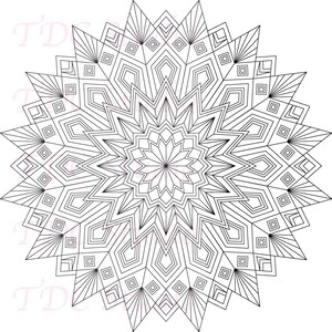 May include: Black and white geometric mandala design. The intricate pattern features diamond, square, and star shapes radiating outwards. The design is symmetrical and suitable for coloring or decorative purposes.