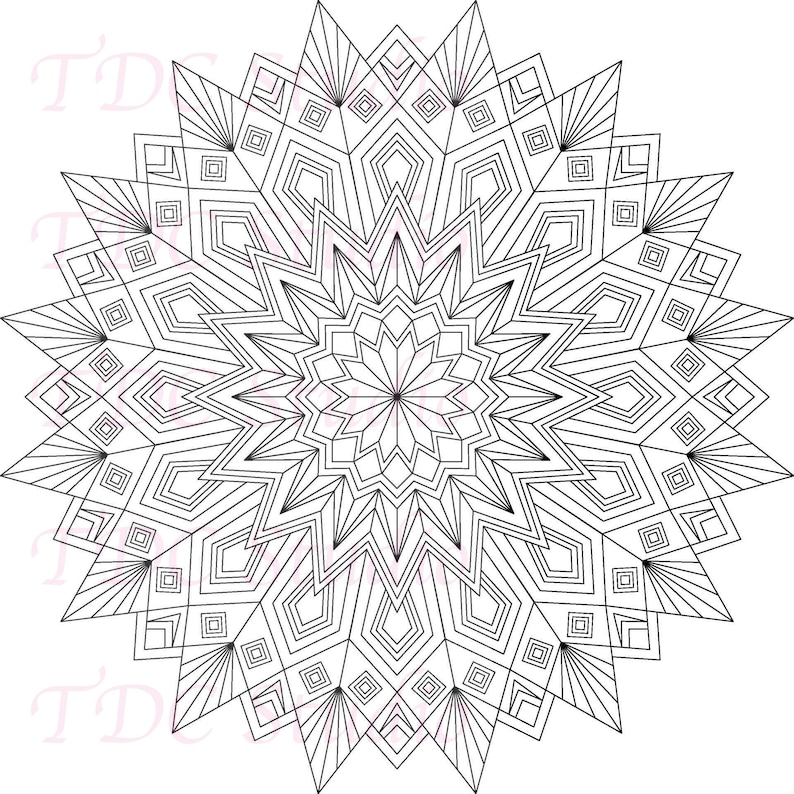 May include: Black and white geometric mandala design. The intricate pattern features diamond, square, and star shapes radiating outwards. The design is symmetrical and suitable for coloring or decorative purposes.